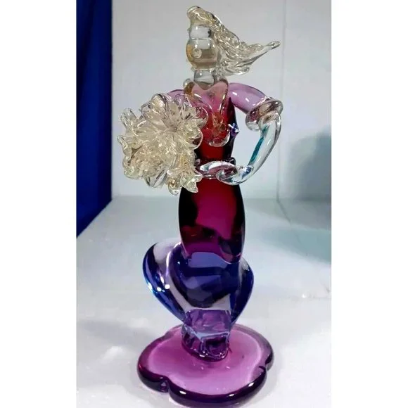 Vintage XL Murano Glass Woman Flower Bouquet Figurine Green Purple Pink 24k Gold - Picture 14 of 14